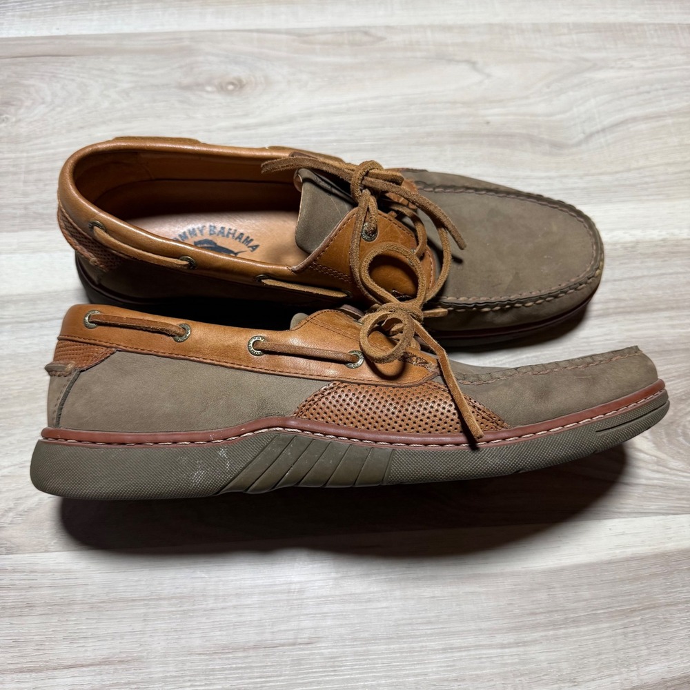 Tommy Bahama Boat Shoes Mens 12 Brown Olive Leather Suede TB-266 Loafers‎ Casual